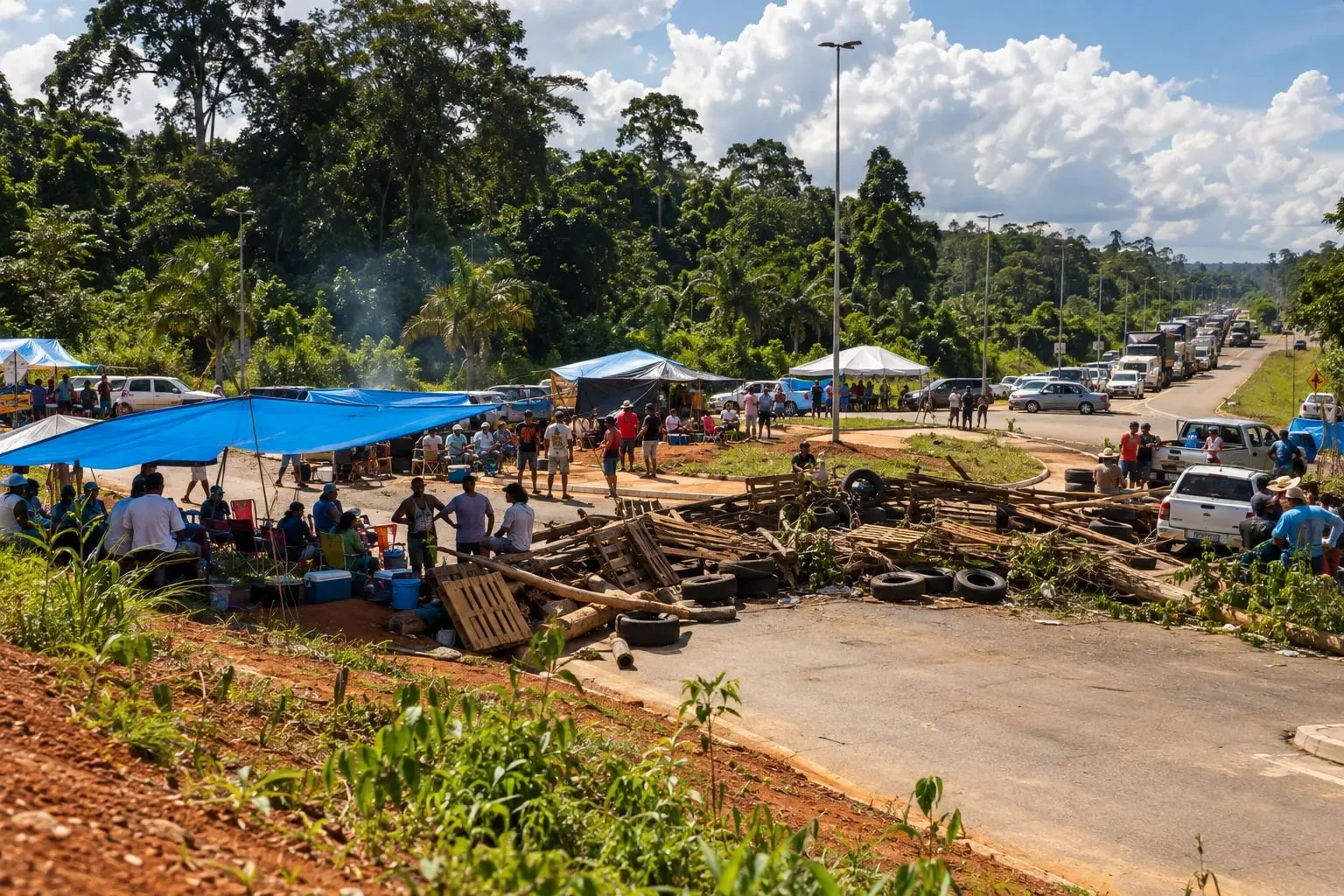 Un rond-point bloqué par des palettes, des pneus et des troncs, au bord d'une forêt tropicale ; des habitants sous des bâches bleues, une file de véhicules arrêtés.