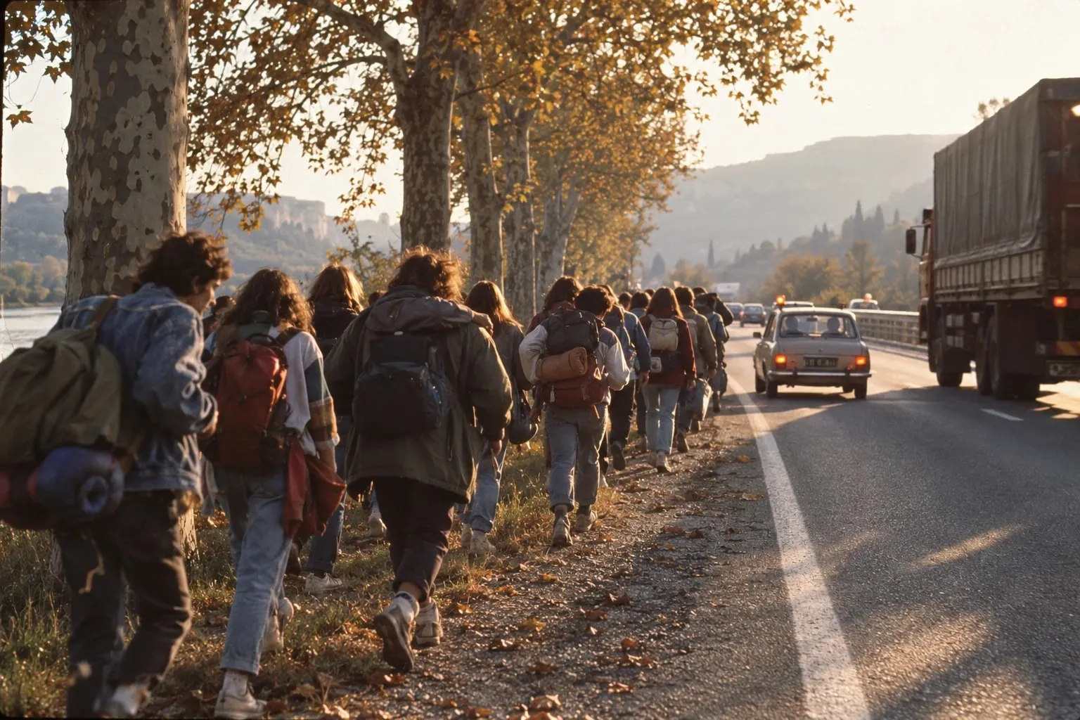 Une colonne de jeunes marcheurs en blousons et sacs à dos, vus de dos, longe une route bordée de platanes jaunis ; une voiture et un camion passent.